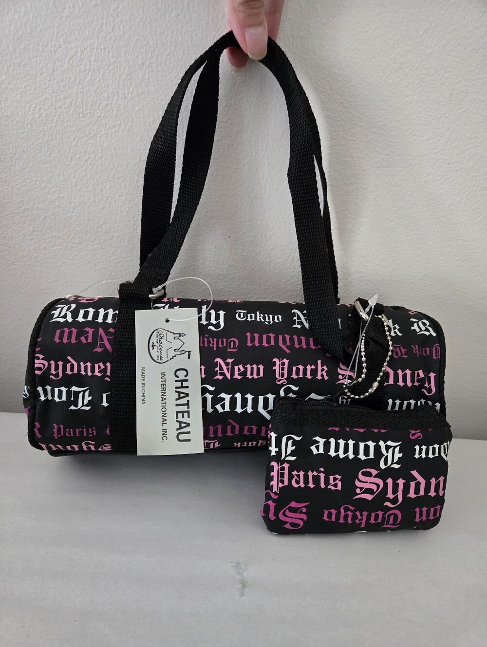 VTG NOS Chateau Black Pink Travel City Town Name Mini Barrel Bag & Zip Wallet